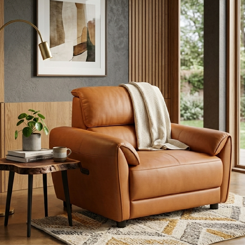tan l shape sofa with deep cushions, supportive back panels and wide padded arms — close view showing the cushion and surf...