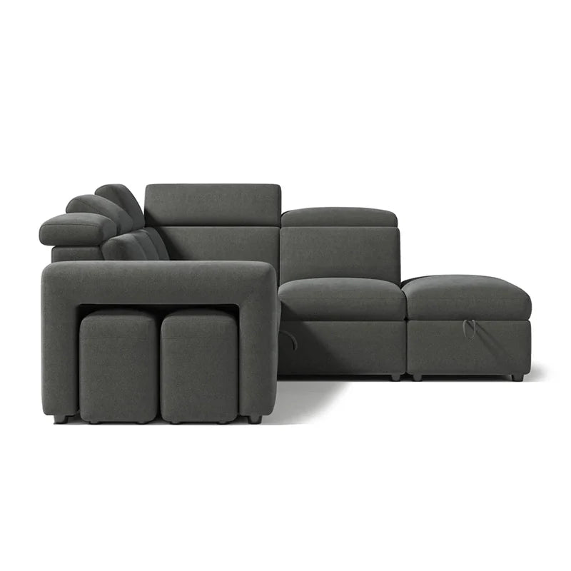 Sofa bed with storage and nested stools, with easy conversion from seating to sleeping