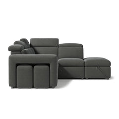 Sofa bed with storage and nested stools, with easy conversion from seating to sleeping