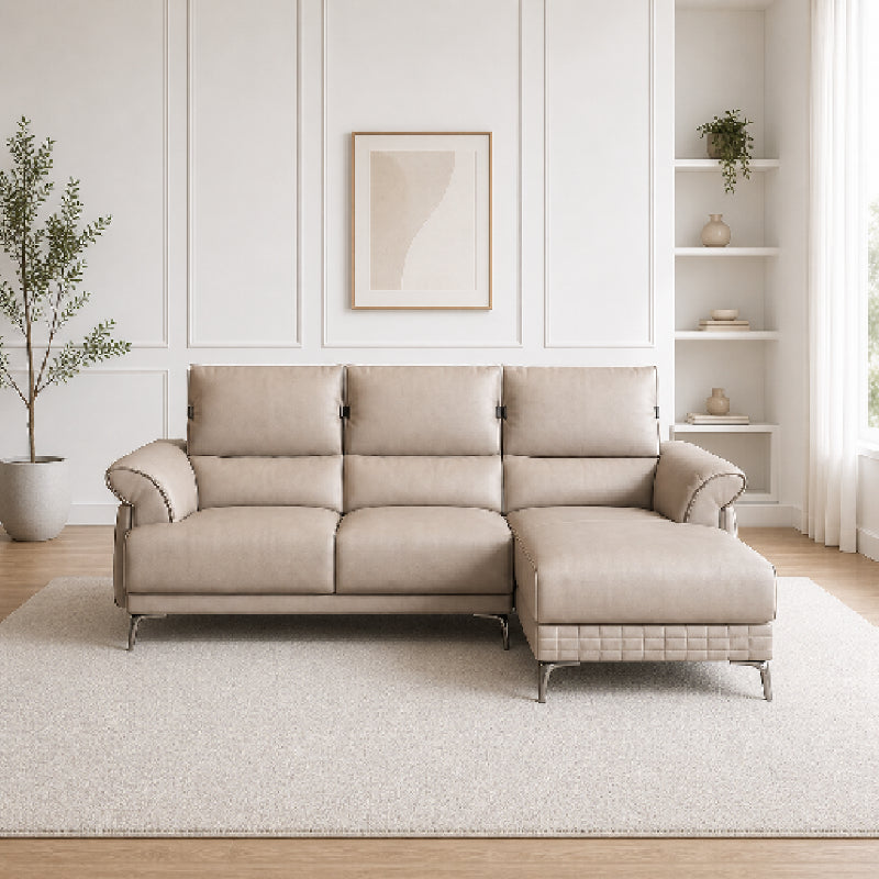 modern l shape sofa with supportive back cushions, neat side details and slim metal legs — angled view showing the full sh...