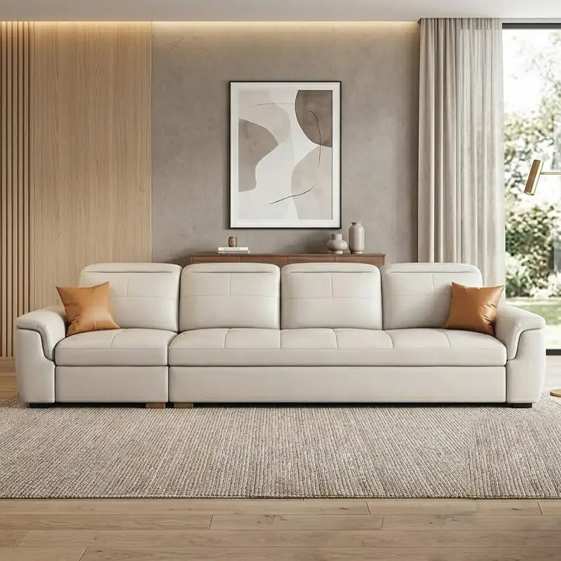Convertible sofa bed with adjustable headrests, available in custom sizes, colours and materials