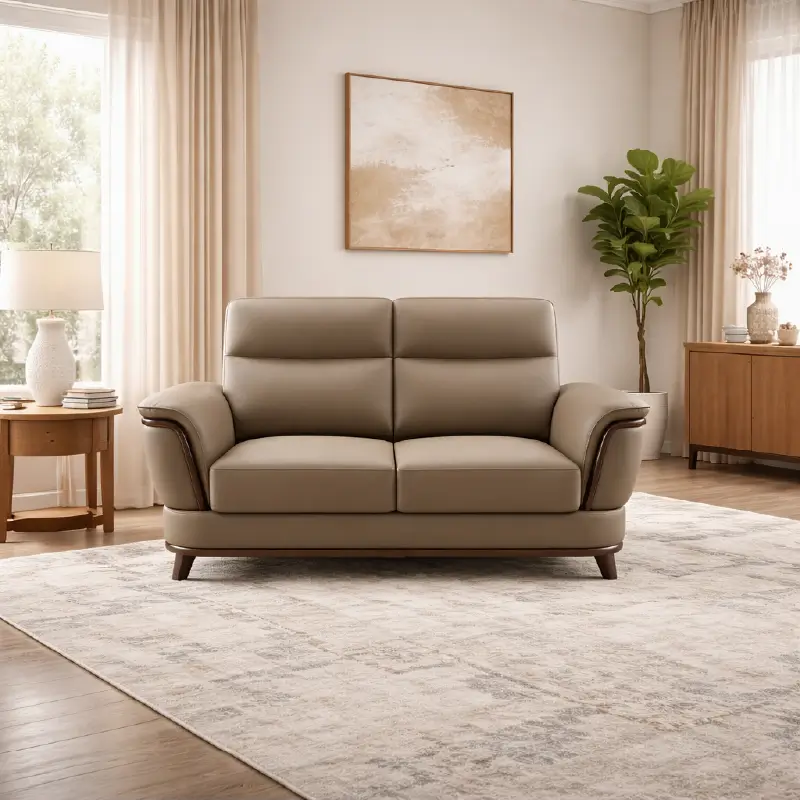 beige pure leather sofa with supportive back cushions, curved arms and refined wooden details — wide room view showing the...