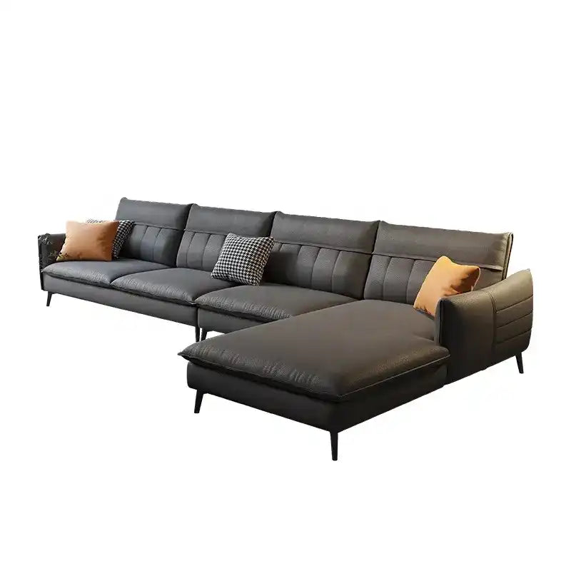 modern fabric sofa with supportive cushions, clean lines and a comfortable family friendly layout — wide room view showing...