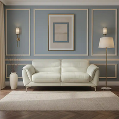 modern l shape sofa with high back cushions, soft rounded arms and slim raised legs — wide room view showing the complete...