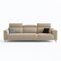 beige l shape sofa with adjustable head support, rounded arms and slim raised legs — close view showing the colour and mat...