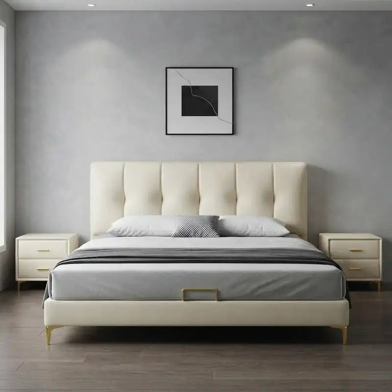 Luxury upholstered bed with king size upholstered bed dimensions, channel tufted headboard and sophisticated modern bedroom styling