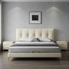 Luxury upholstered bed with king size upholstered bed dimensions, channel tufted headboard and sophisticated modern bedroom styling