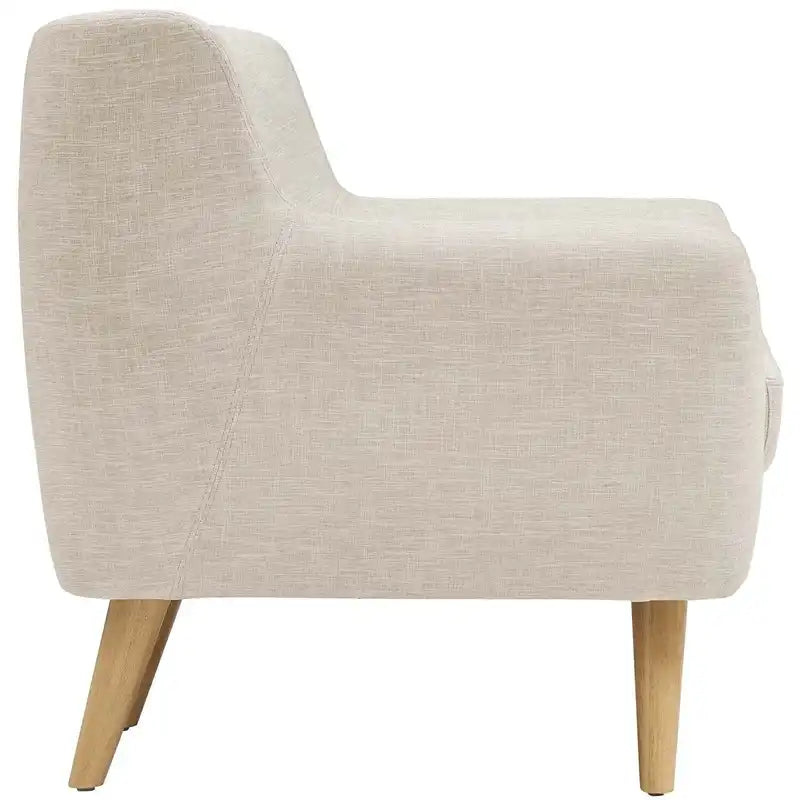 soft beige fabric sofa with rounded arms, buttoned back cushions and slim wooden legs — wide room view showing the complet...