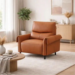 rich tan l shape sofa with smooth easy clean finish, supportive cushions and flexible layout — front angle showing the bac...