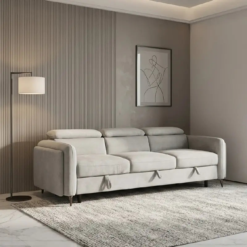 Grey L shape sofa bed with hidden storage, with supportive cushions for everyday comfort