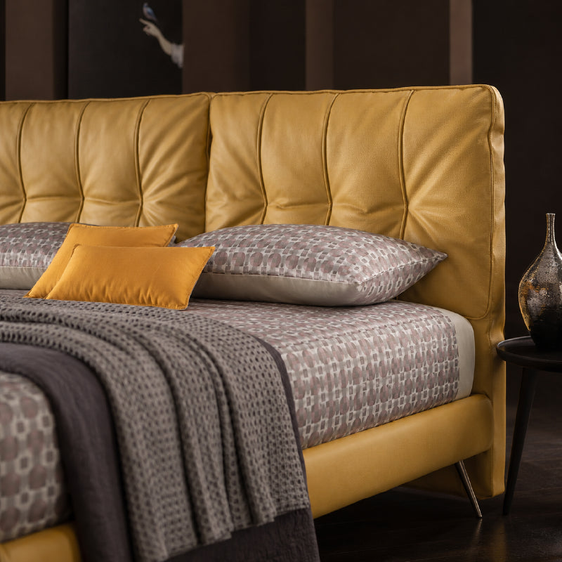 Pillow-panel headboard, bed frame, new bed design, metal legs and fabric finish
