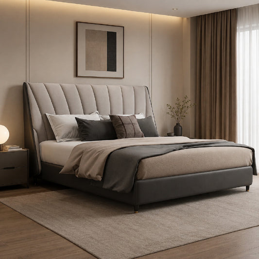 Tall channel headboard, bed frame and modern bed design, beige grey Nova fabric