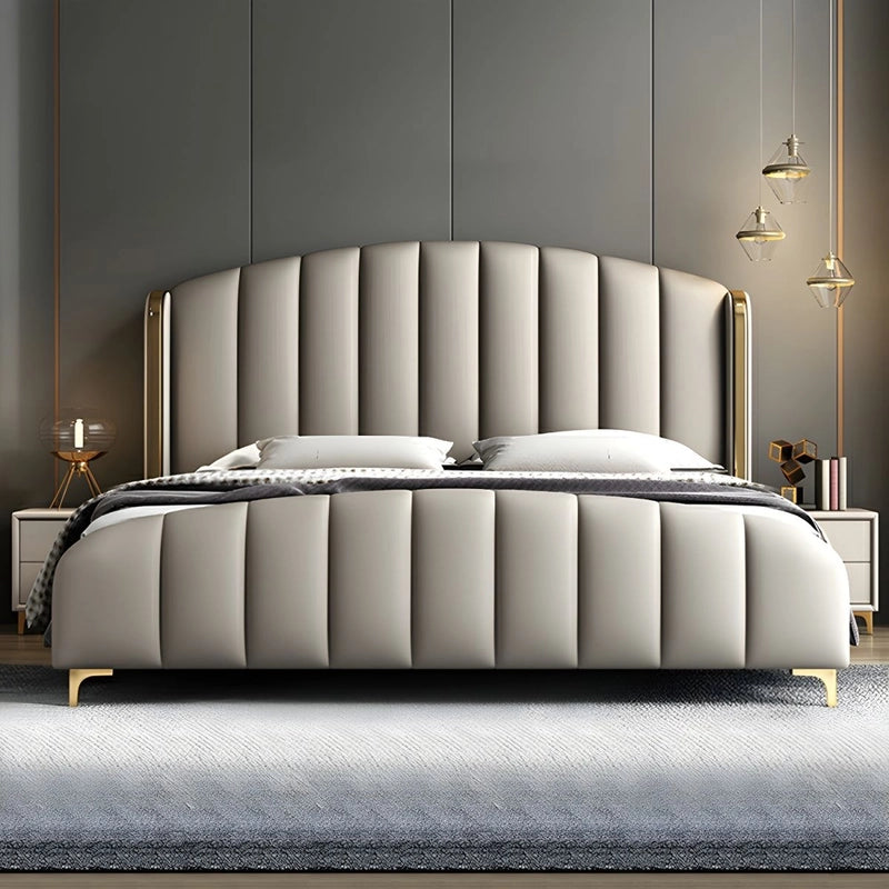 Luxury padded cot design new bed design beige fabric bed with gold trim