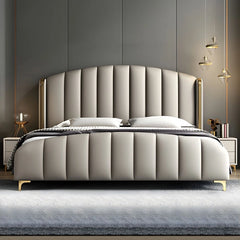 Luxury padded cot design new bed design beige fabric bed with gold trim