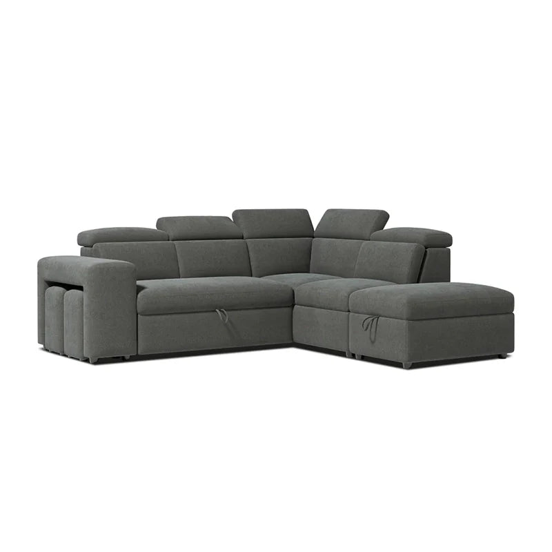 Sofa bed with storage and nested stools, with soft cushioning and a space-saving layout