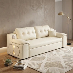 Convertible sofa bed with side shelves, designed for relaxed seating and guest use