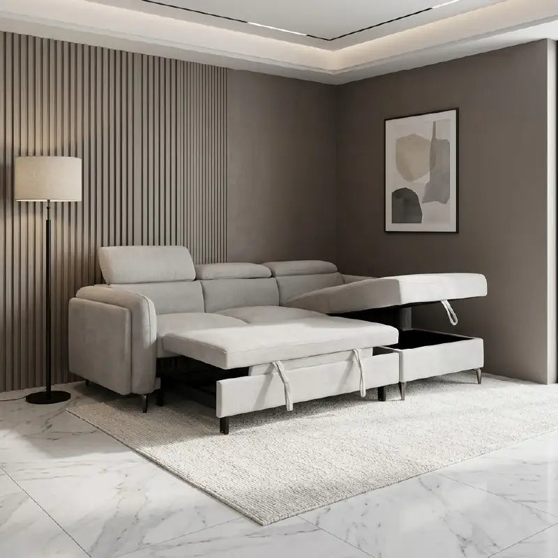 Grey L shape sofa bed with hidden storage, designed for relaxed seating and guest use