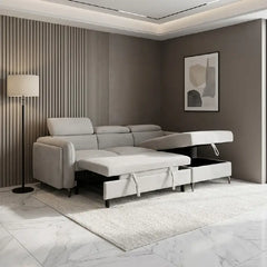 Grey L shape sofa bed with hidden storage, designed for relaxed seating and guest use