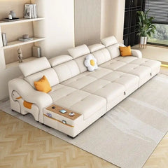 Sleeper sofa with side console and pull-out stool, designed for relaxed seating and guest use
