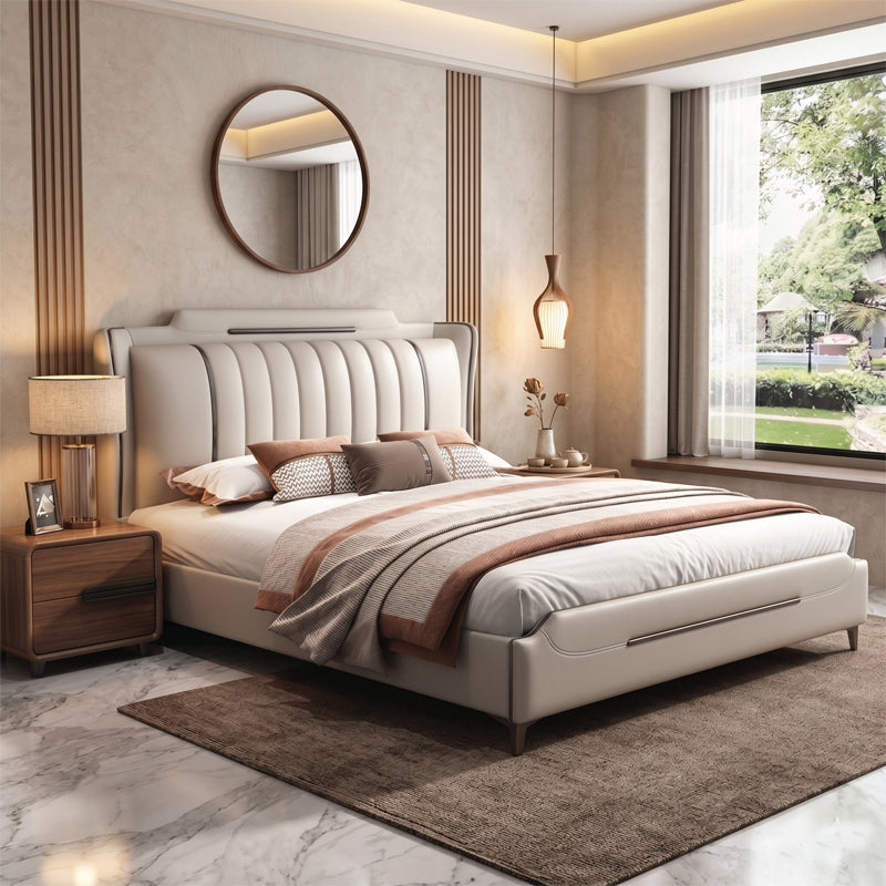 White tufted upholstered bed frame modern bed design gold trim ivory leatherette