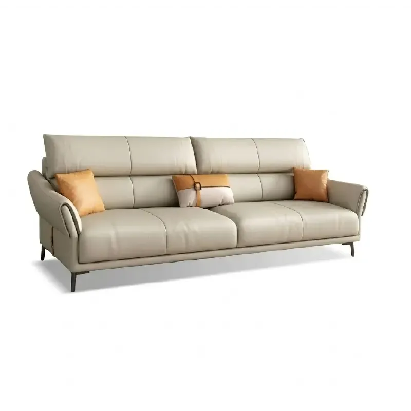 beige leatherette sofa with supportive high back cushions, rounded arms and slim raised legs — front angle showing the bac...