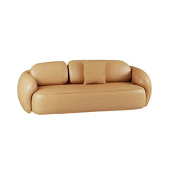 soft curved fabric sofa with cloud like cushions, wraparound arms and a low grounded base — alternate angle showing the fu...