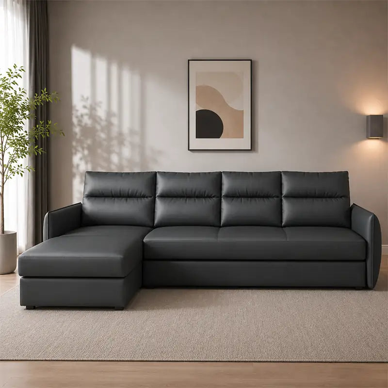 Faux leather sofa bed with hidden storage, with a clean profile and custom finish options
