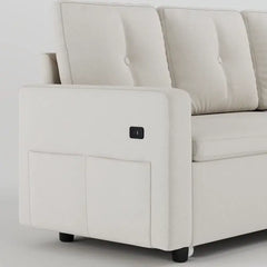 Sofa bed with storage, USB charging and side pockets, with a clean profile and custom finish options