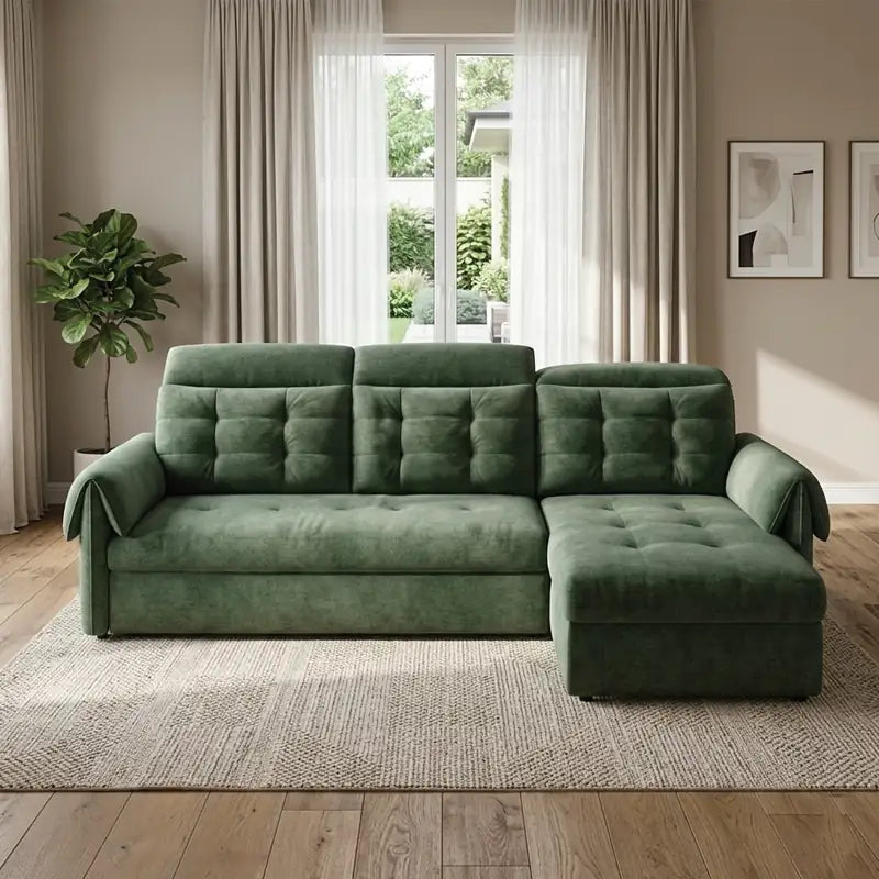 Couch with pull-out bed and soft cushions, with a clean profile and custom finish options