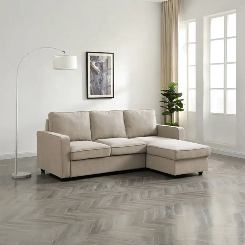 L shape sofa bed with hidden storage, with a clean profile and custom finish options