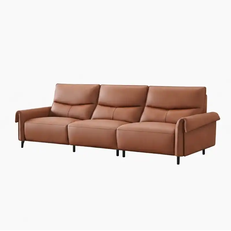 rich tan l shape sofa with smooth easy clean finish, supportive cushions and flexible layout — full view with the complete...