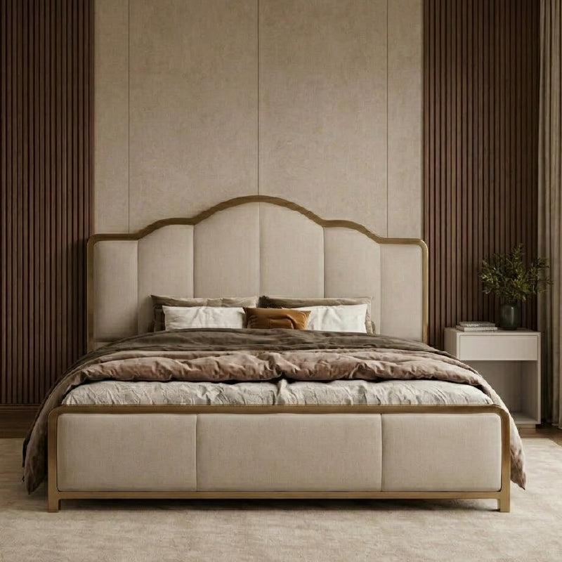Modern bedroom bed with curved headboard soft fabric upholstered cot
