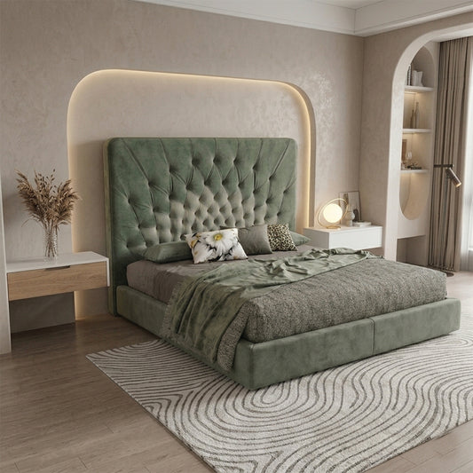 Sage green tufted headboard bed frame modern bed design velvet upholstered bed