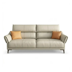 beige leatherette sofa with supportive high back cushions, rounded arms and slim raised legs — alternate angle showing the...