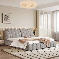 Curved grey fabric headboard, modern bed design, bed frame, queen upholstered bed