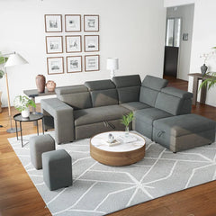 Sofa bed with storage and nested stools, available in custom sizes, colours and materials