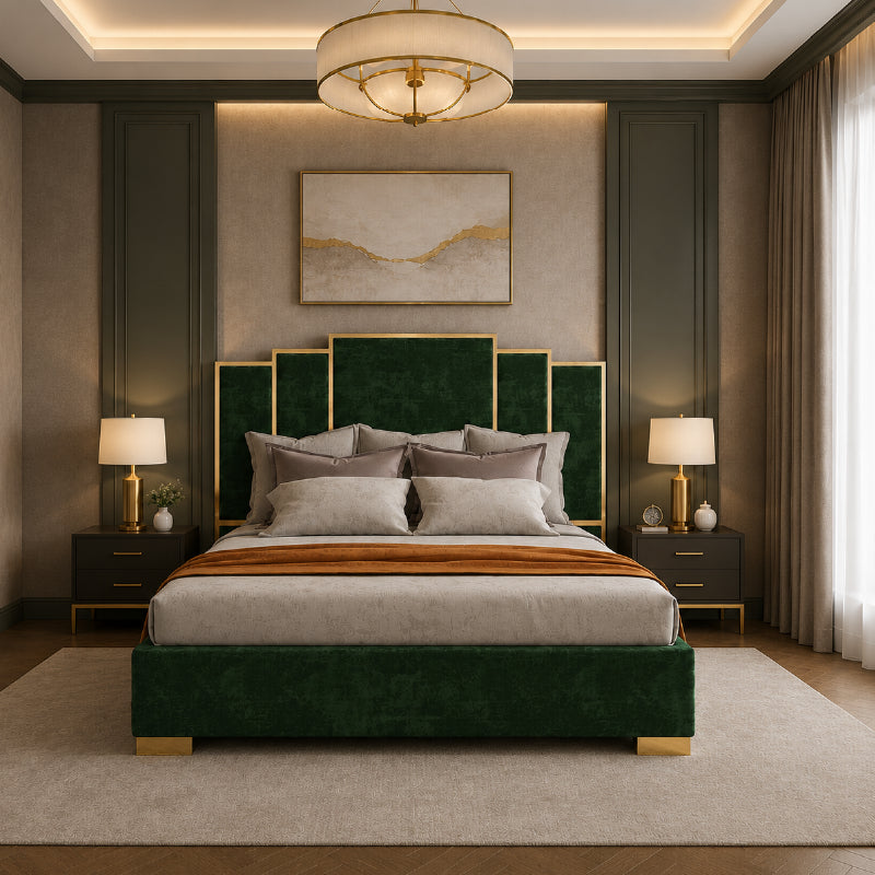 . Luxury upholstered cot design new bed design with gold trim and metallic legs