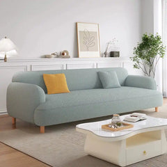 rounded fabric sofa with deep cushions, soft wide arms and a clean modern finish — full view with the complete shape clear...