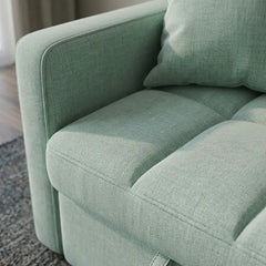 Convertible sofa bed with hidden side storage, with a clean profile and custom finish options