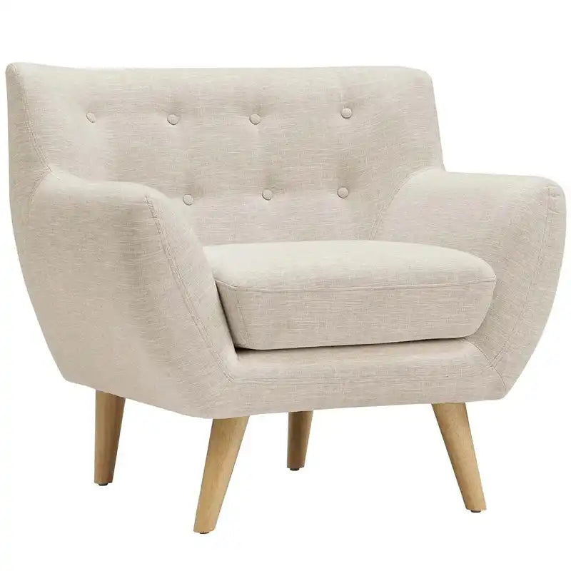 soft beige fabric sofa with rounded arms, buttoned back cushions and slim wooden legs — full view with the complete shape...