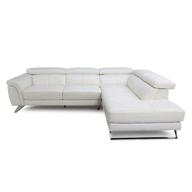 white l shape sofa with wide padded arms, supportive cushions and angled chrome finish legs — full view with the complete...