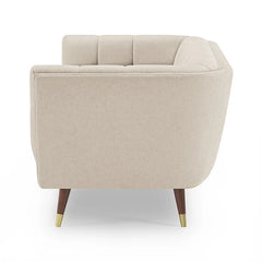 beige fabric sofa with soft curved arms, square cushion details and raised wooden legs — full view with the complete shape...