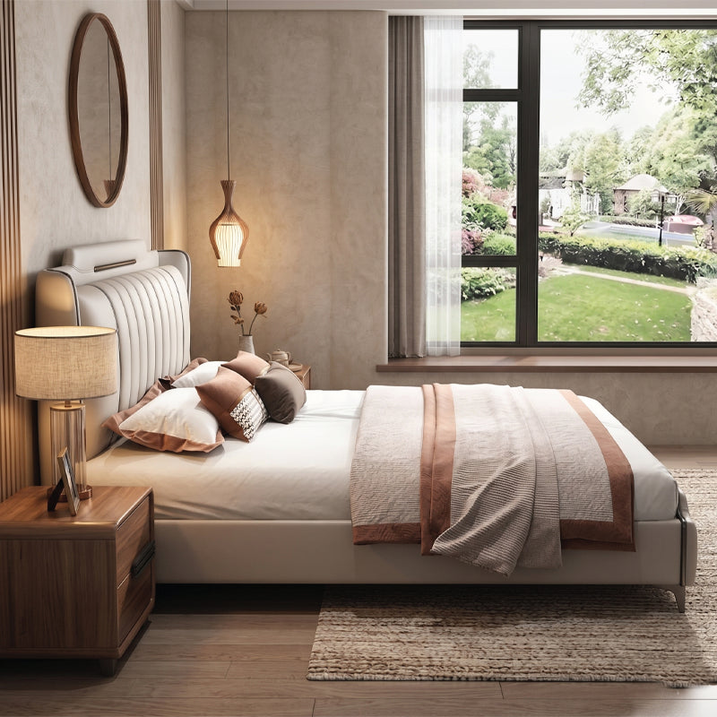 Modern upholstered bed and cot bed online ivory faux leather platform frame