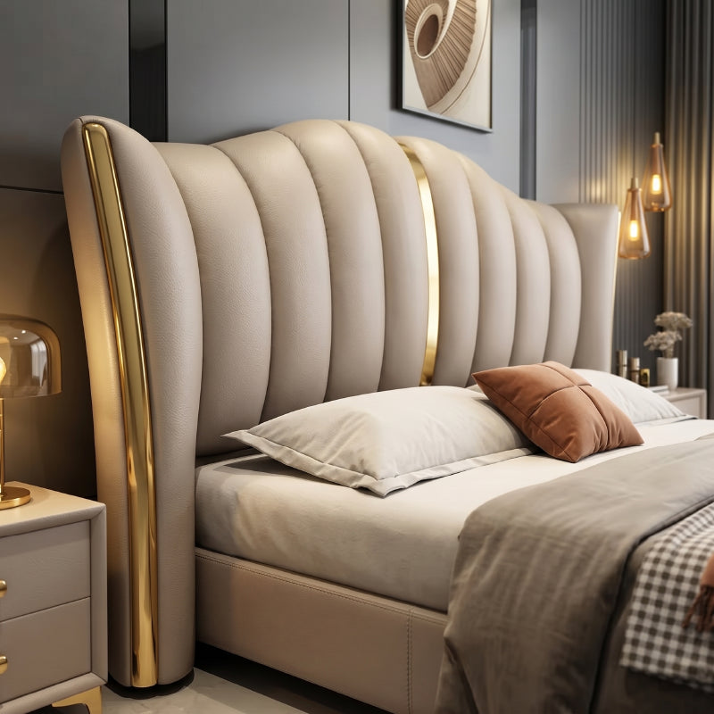 Spacious master bedroom bed design with sleek cot design upholstery