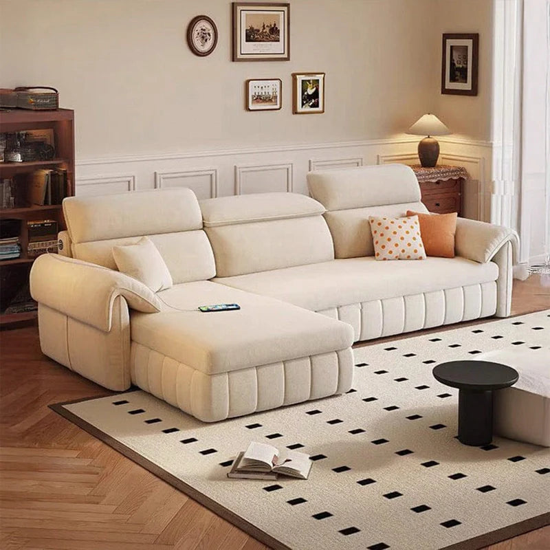 L shape sofa bed with storage and USB charging, with a clean profile and custom finish options