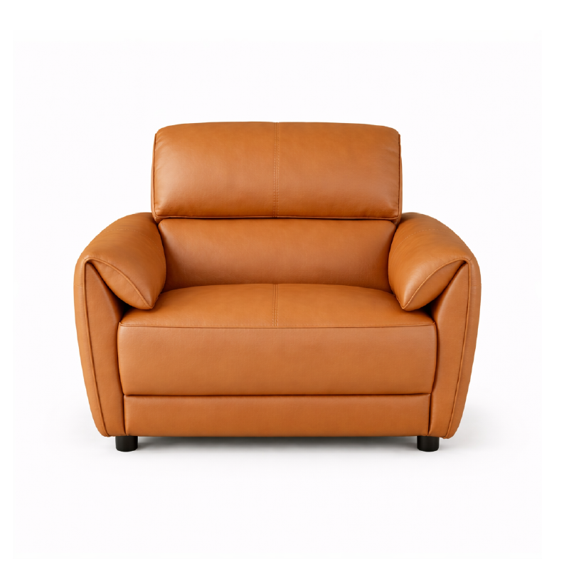 tan l shape sofa with deep cushions, supportive back panels and wide padded arms — full view with the complete shape clear...