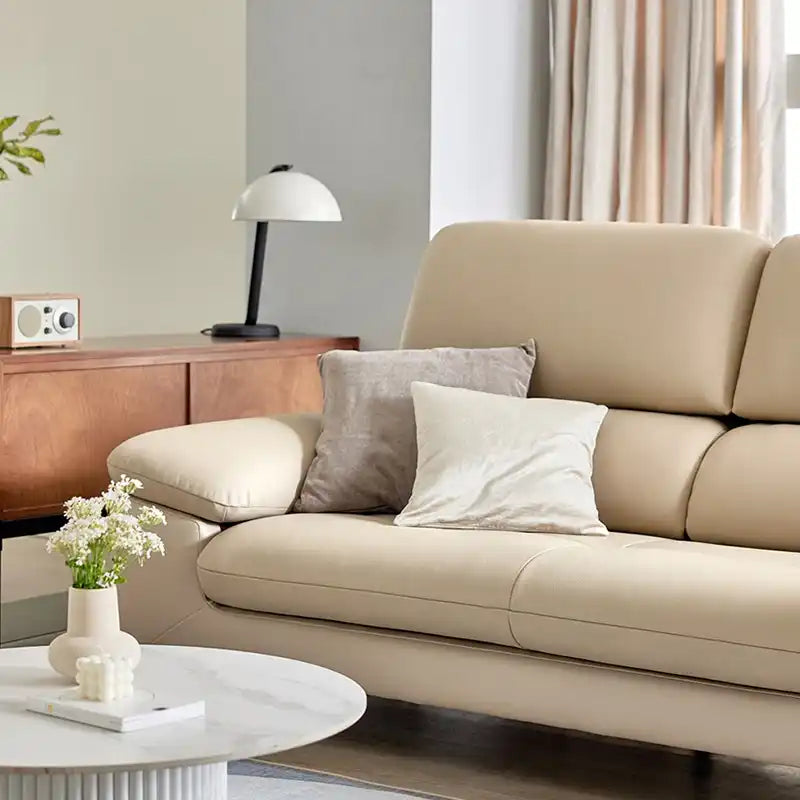 modern sofa with soft curved arms, supportive back cushions and raised chrome finish legs — close view showing the colour...