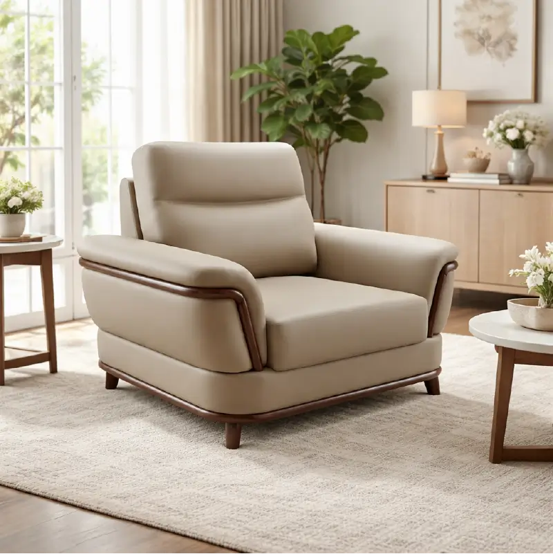beige pure leather sofa with supportive back cushions, curved arms and refined wooden details — close view showing the col...
