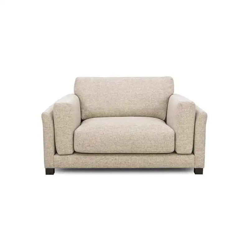 modern neutral fabric sofa with wide padded arms, thick cushions and clean straight lines — close view showing the colour...