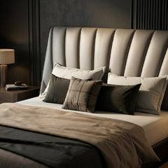 Flared headboard sides, bed frame and cot design, light beige grey upholstery